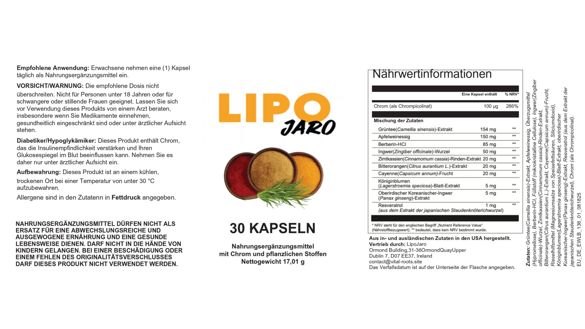LipoJaro Etikett mit Nährwertinformationen